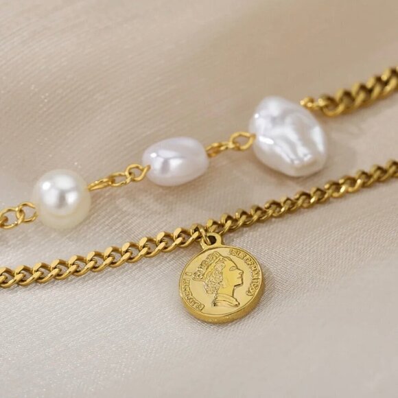 NWT 14K Gold Plated Two Strands Coin Charm Pearl Bracelet 7” - Picture 11 of 13